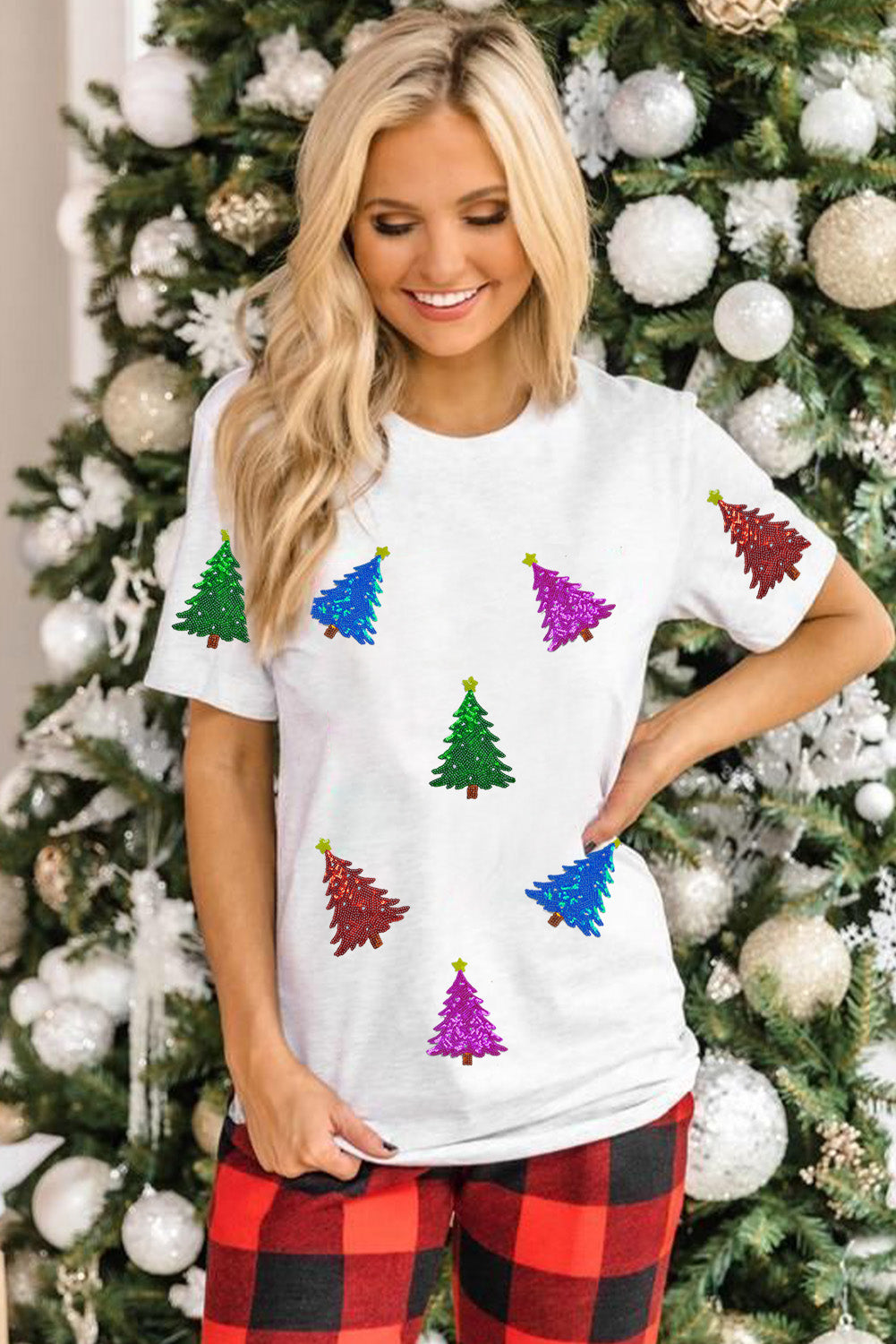 Christmas Tree Pattern Cuffed Sleeve Christmas T Shirt