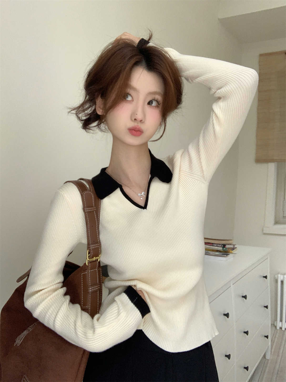 High-End Polo Collar Ribbed Knit Top
