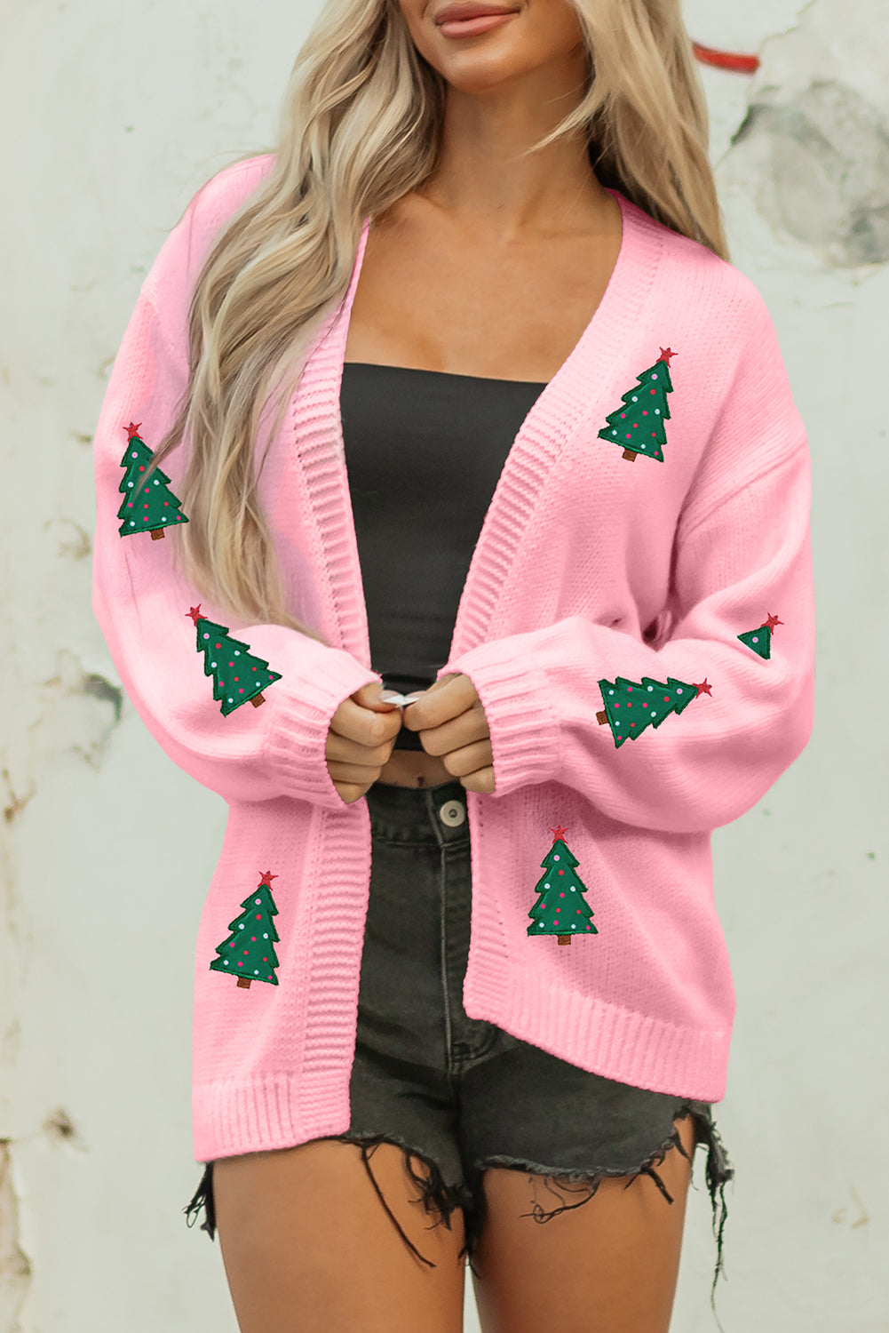 Christmas Tree Print Open Front Drop Shoulder Midi Cardigan