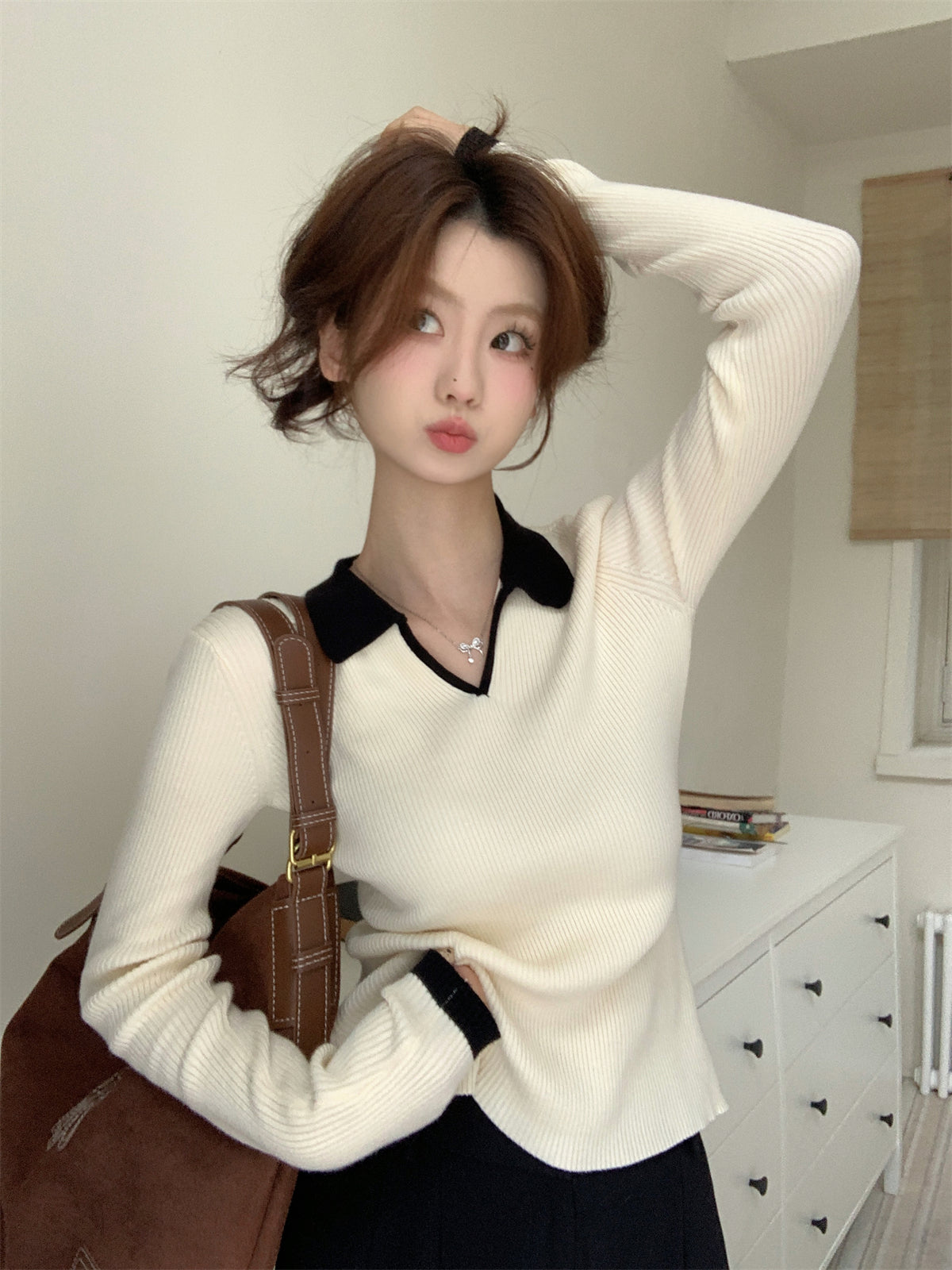 High-End Polo Collar Ribbed Knit Top
