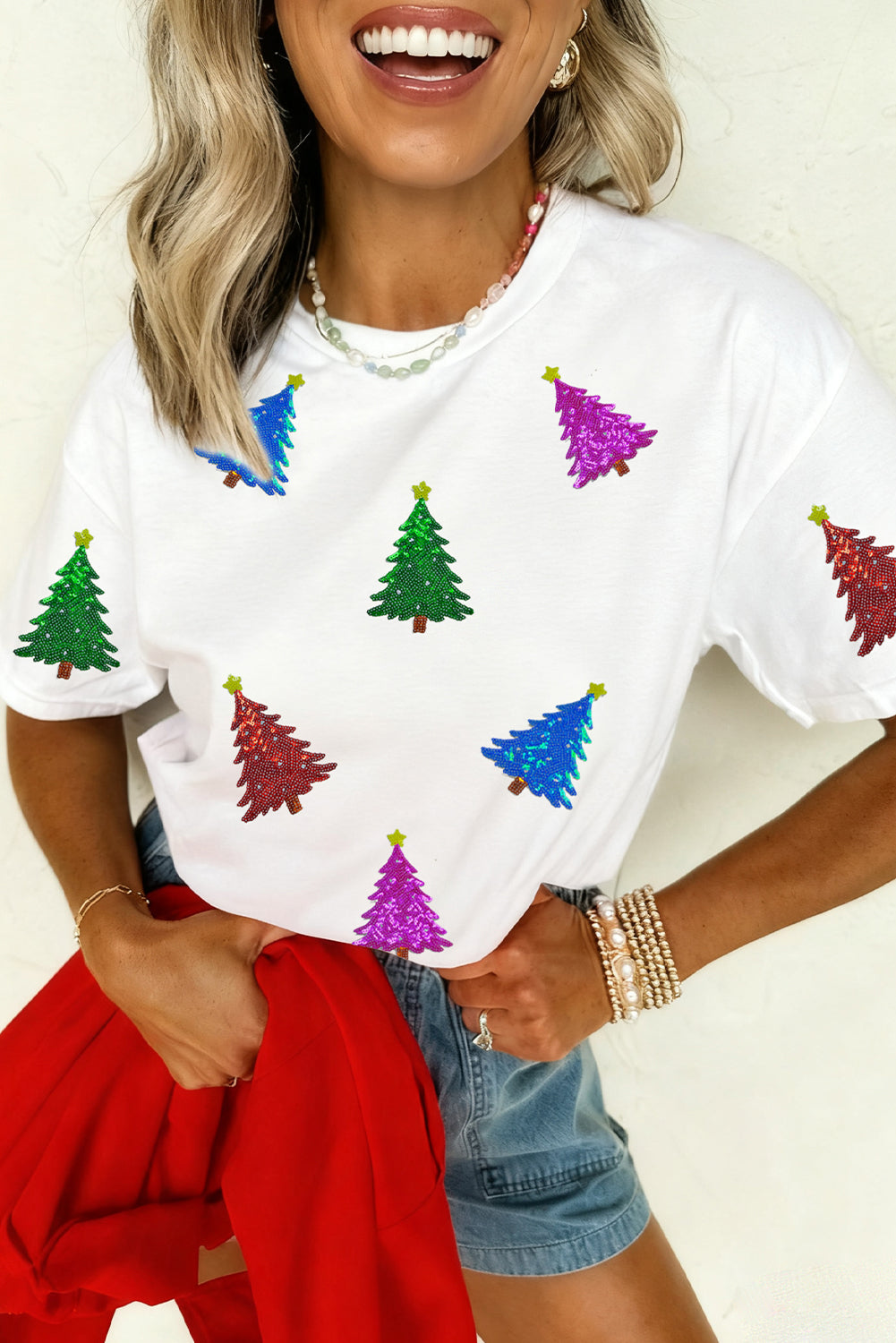 Christmas Tree Pattern Cuffed Sleeve Christmas T Shirt
