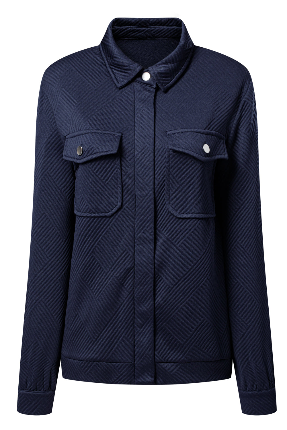 Navy blue textured jacket with four pockets on a white background