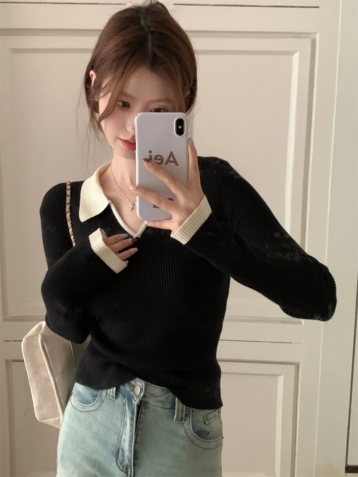 High-End Polo Collar Ribbed Knit Top