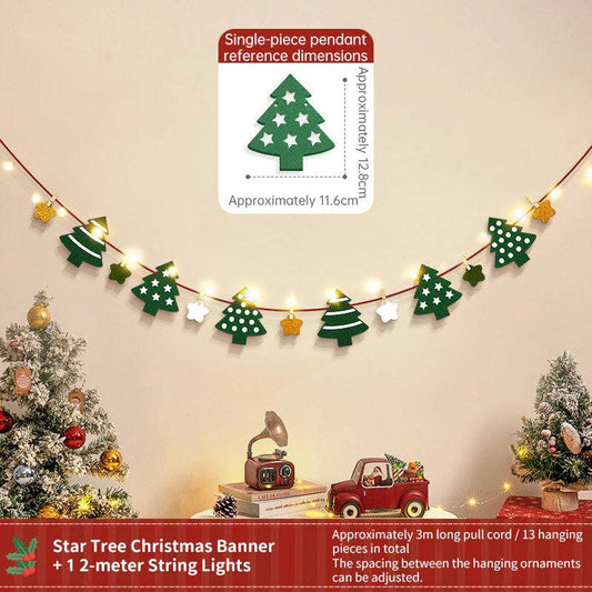 Handmade Pull String Flag Banner, LED String Lights, Christmas Decor
