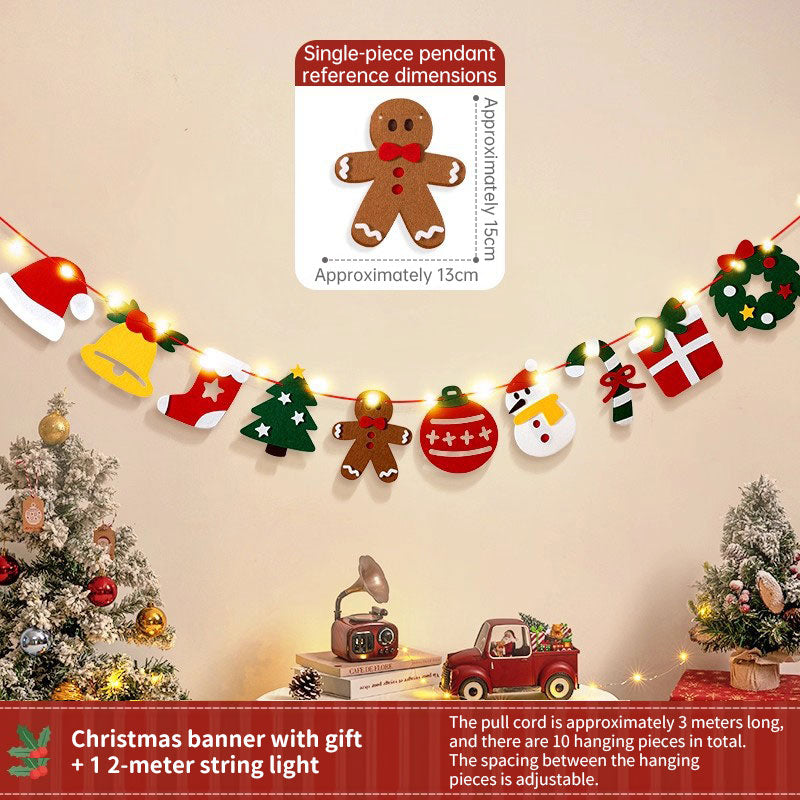 Handmade Pull String Flag Banner, LED String Lights, Christmas Decor
