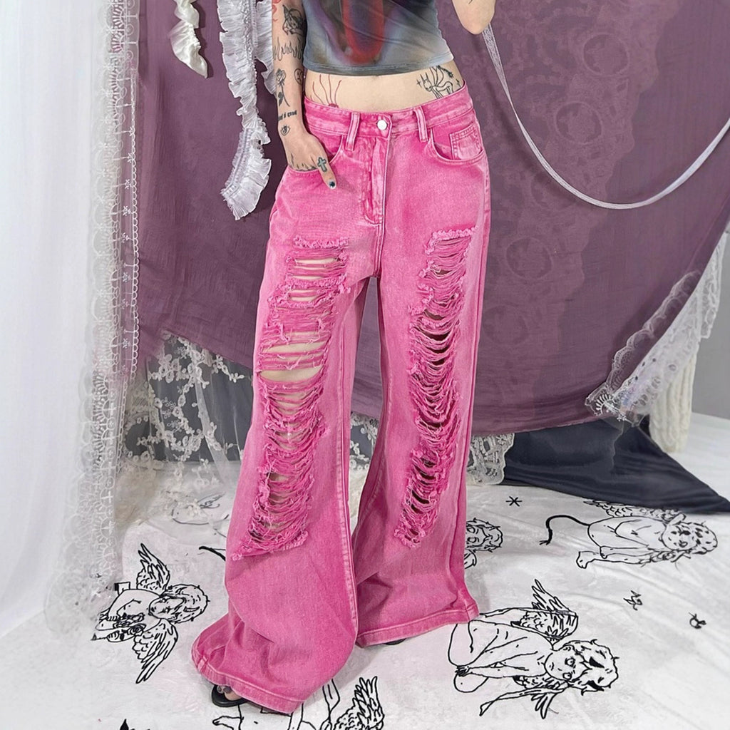 Perforated and hollowed out low waisted jeans