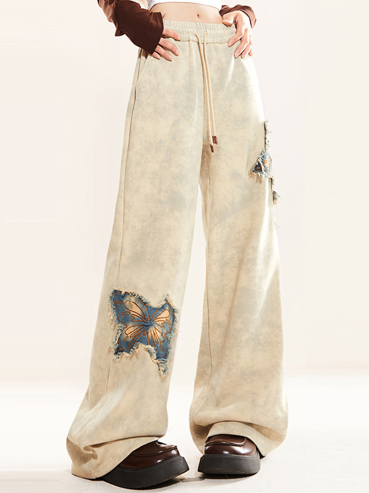 Butterfly embroidery straight-leg pants