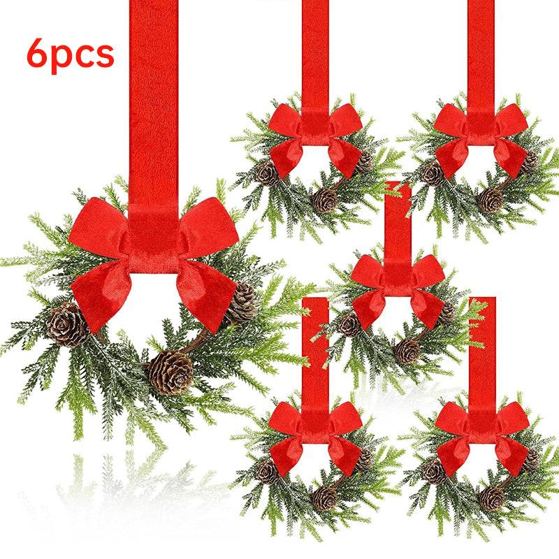 Farmhouse Mini Christmas Cabinet Wreaths, Set of 6 with Ribbon Tie-Ons
