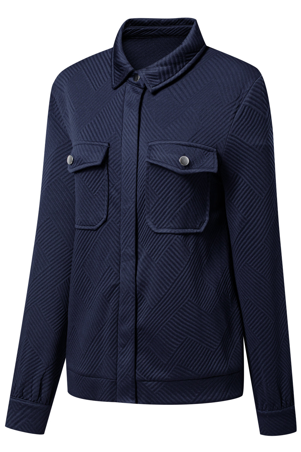 Navy blue textured jacket with two front pockets on a white background