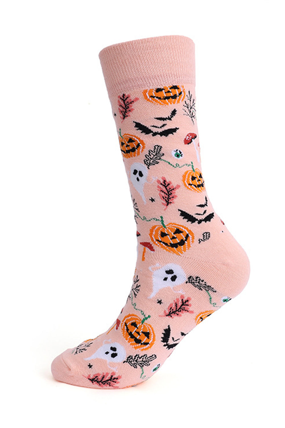 Pink Halloween-themed sock with pumpkins, ghosts, and bats on a white background