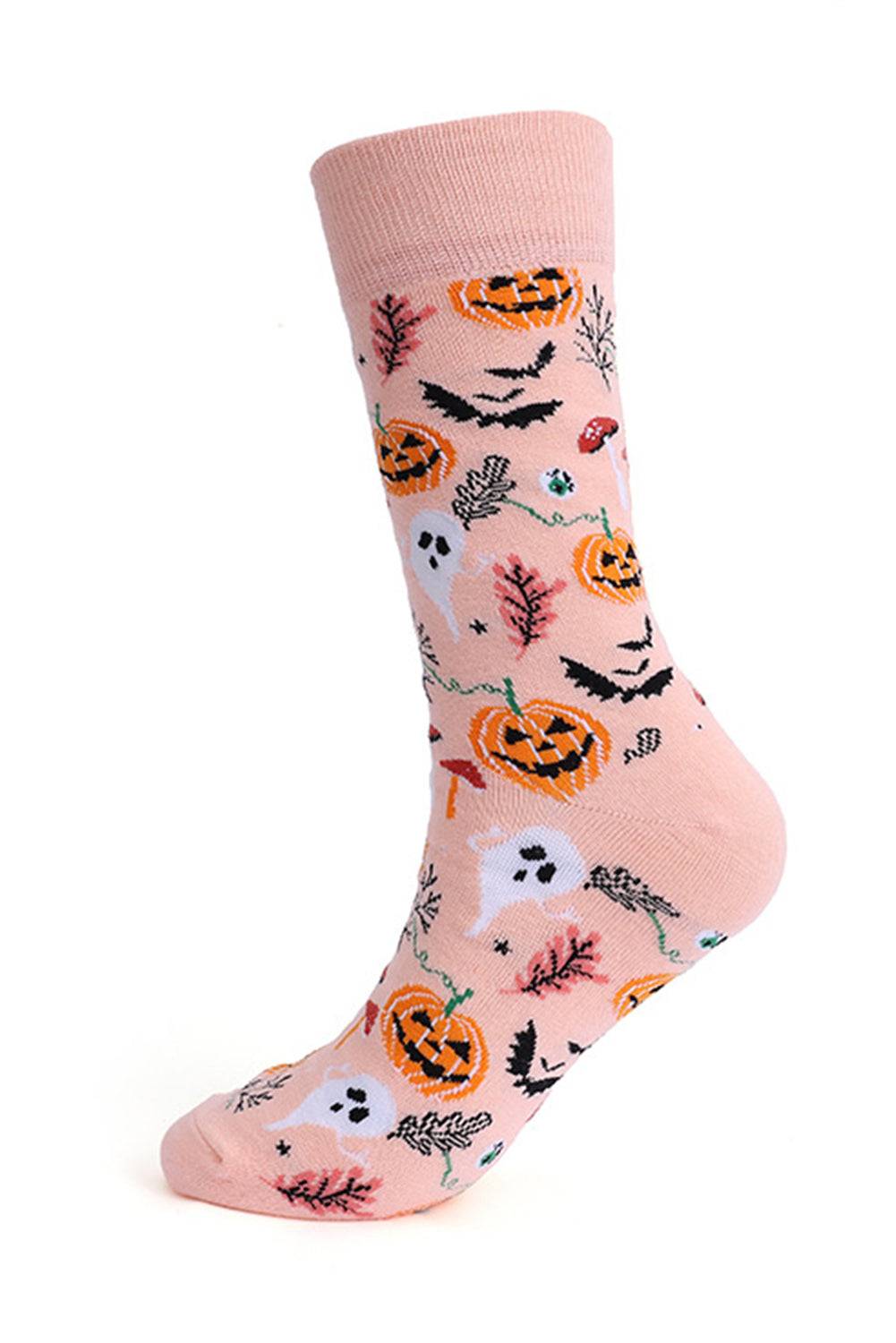 Pink Halloween-themed sock with pumpkins, ghosts, and bats on a white background