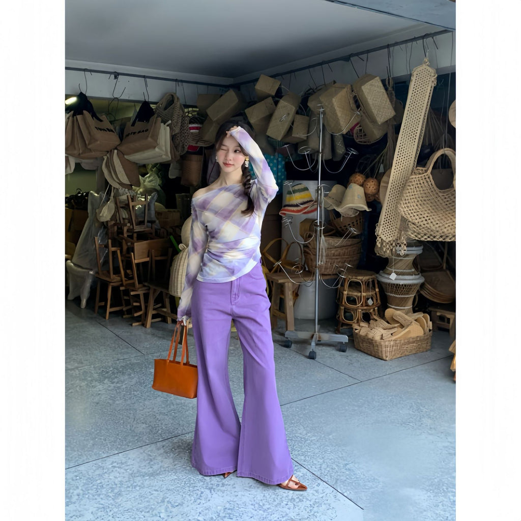 Narrow high waisted slightly flared jeans