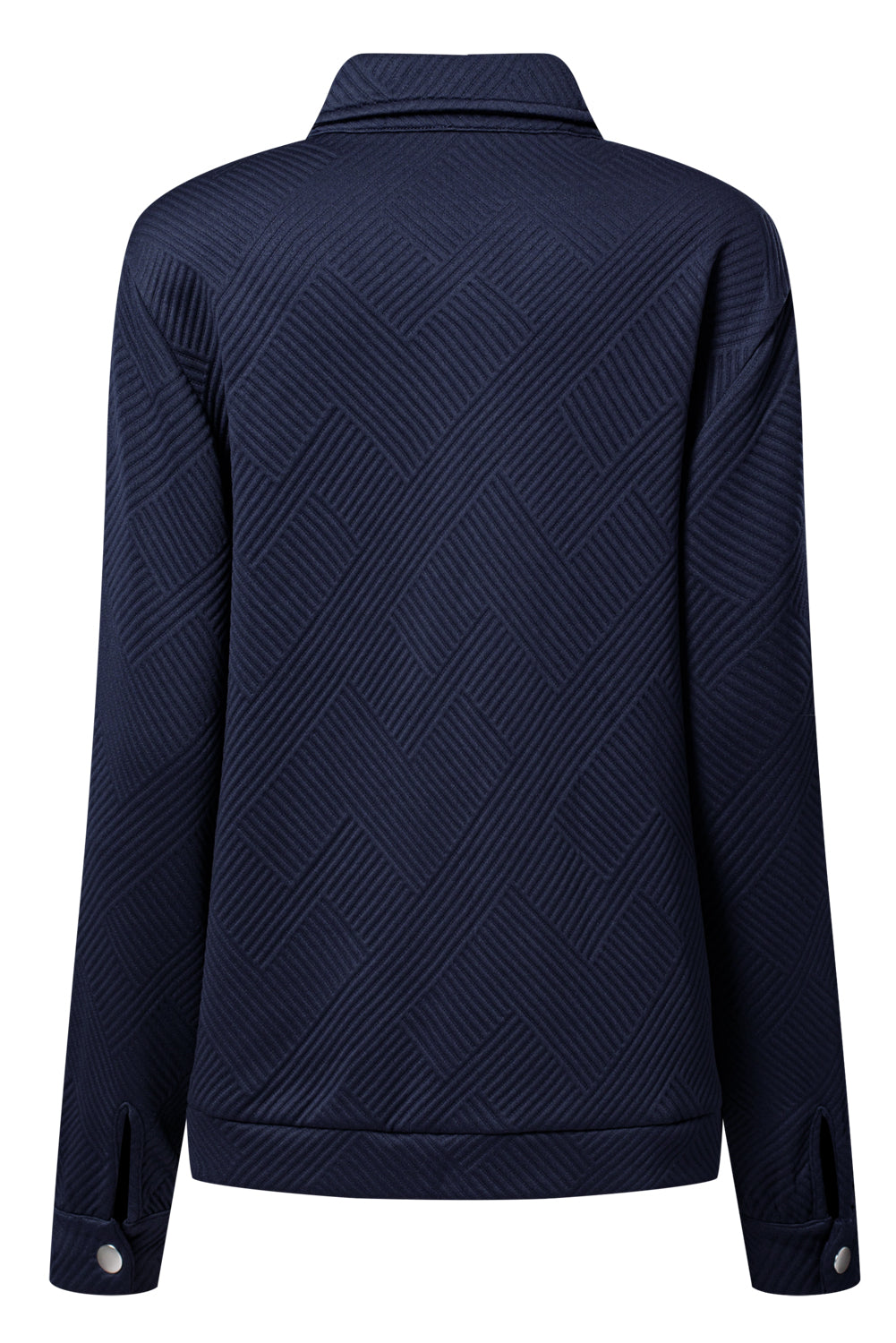 Navy blue quilted jacket on a white background