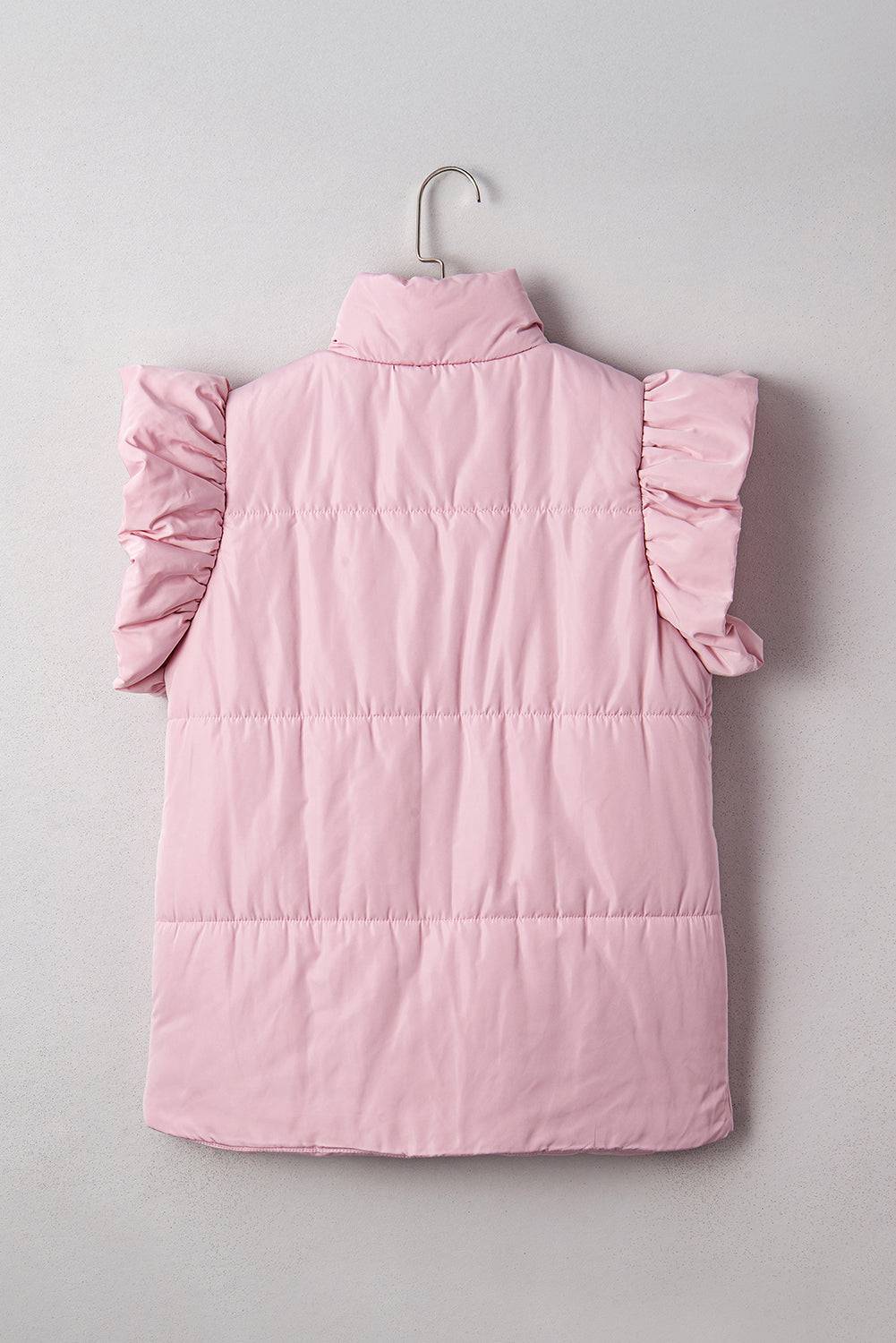 Pink puffer vest with ruffled shoulders on a hanger against a light gray background
