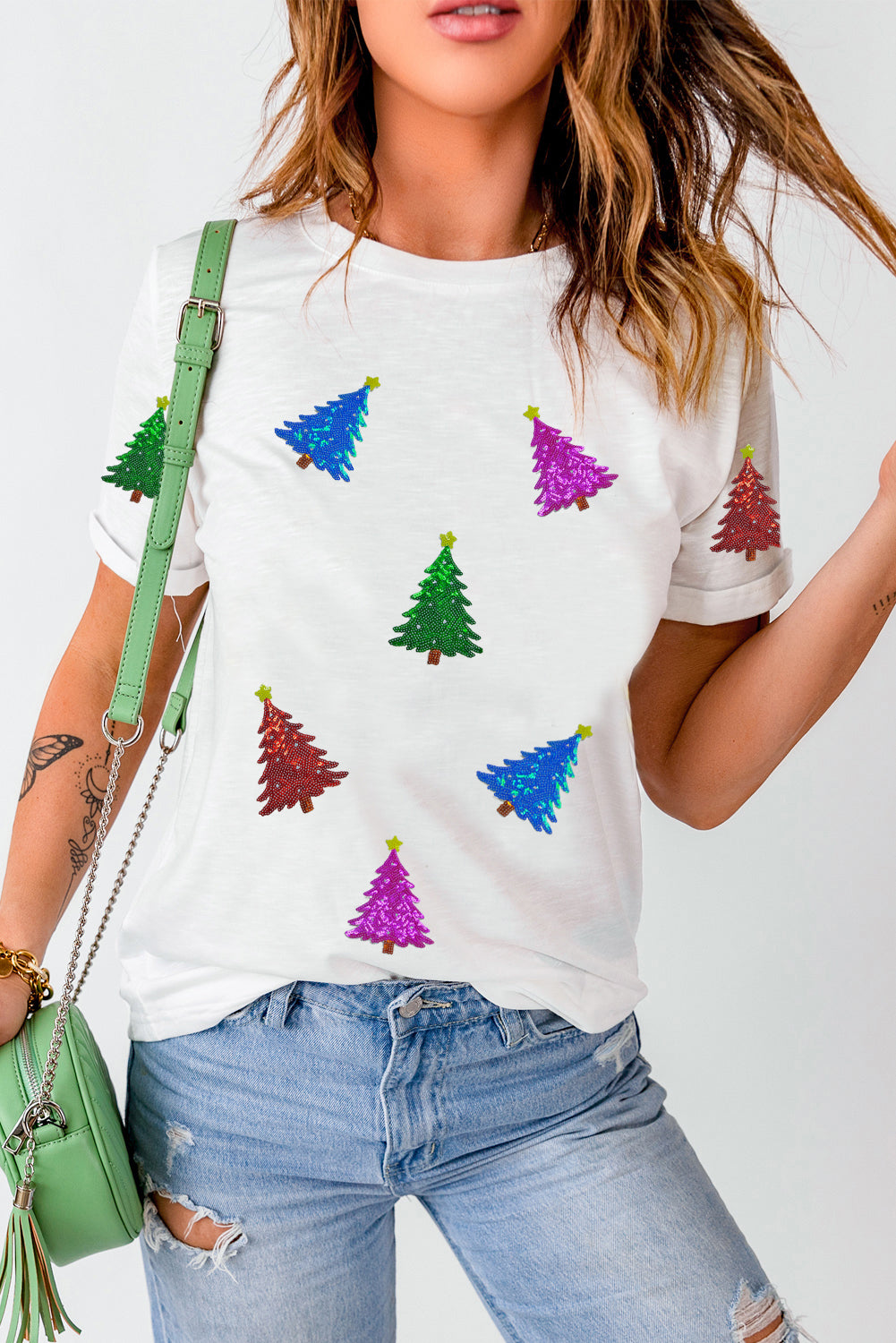 Christmas Tree Pattern Cuffed Sleeve Christmas T Shirt