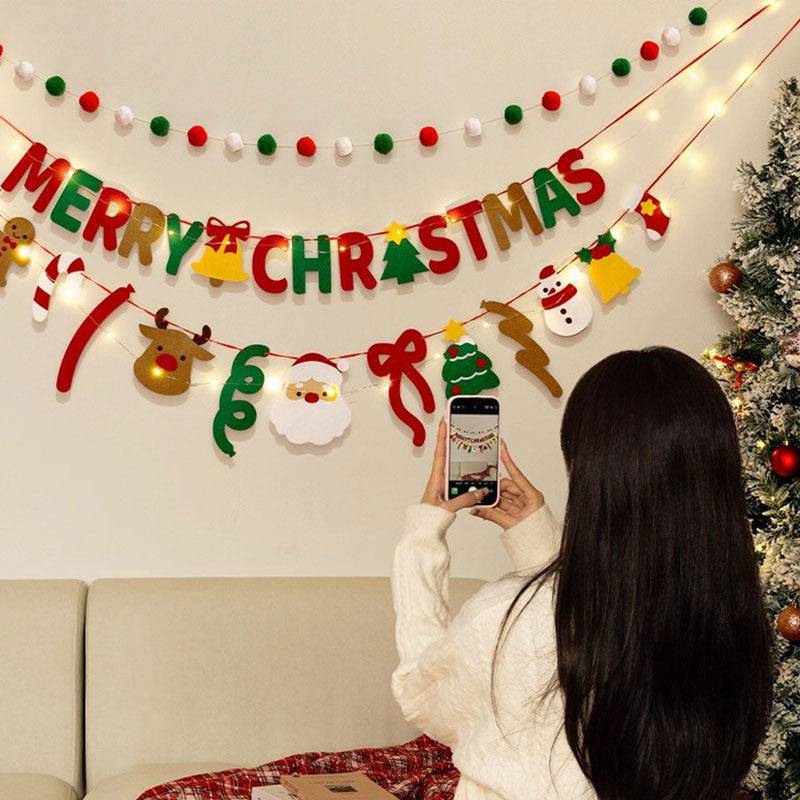 Handmade Pull String Flag Banner, LED String Lights, Christmas Decor
