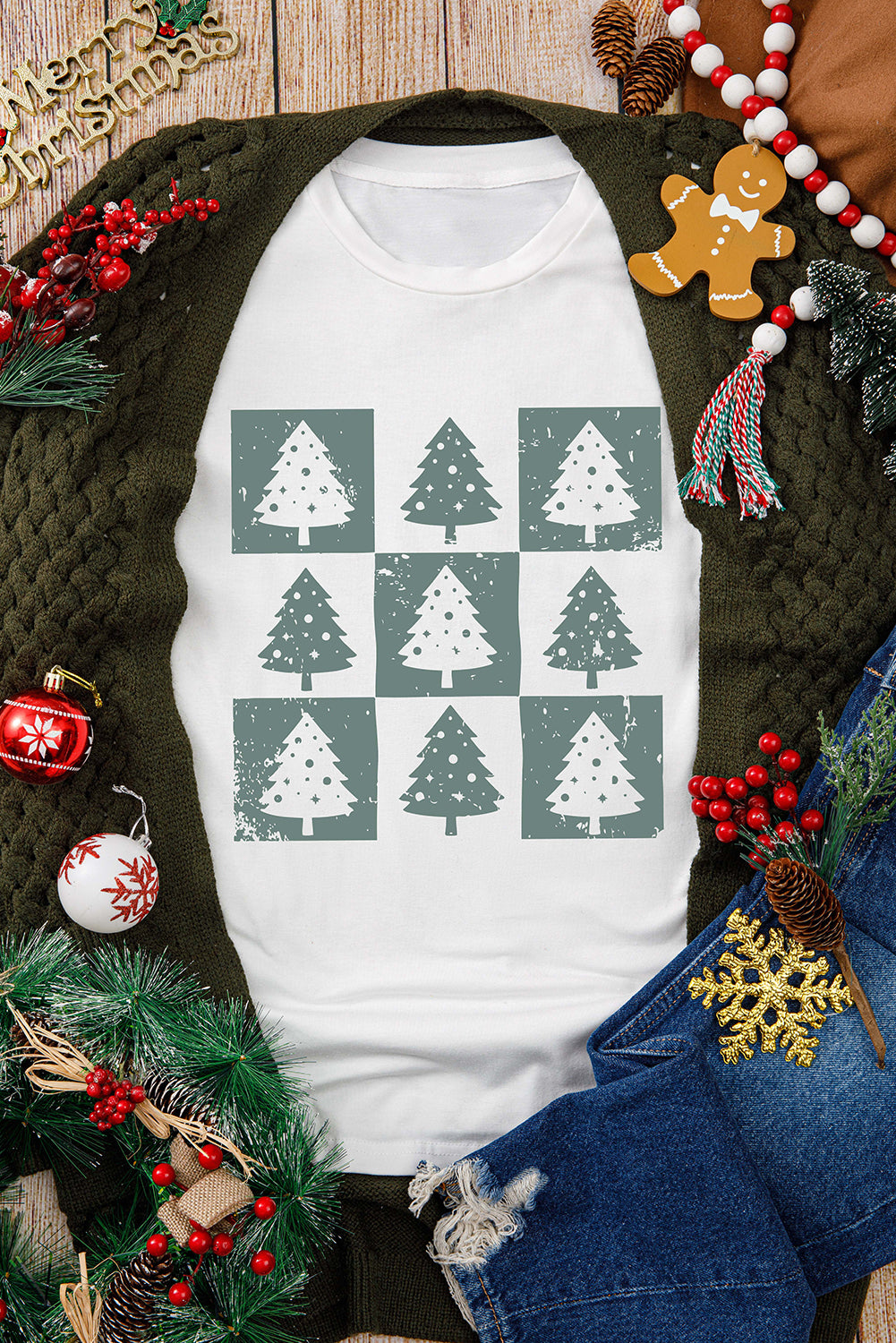 Christmas Tree Checkered Distressed Graphic Oversize Tee