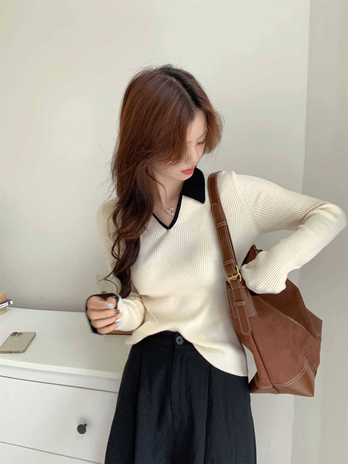 High-End Polo Collar Ribbed Knit Top
