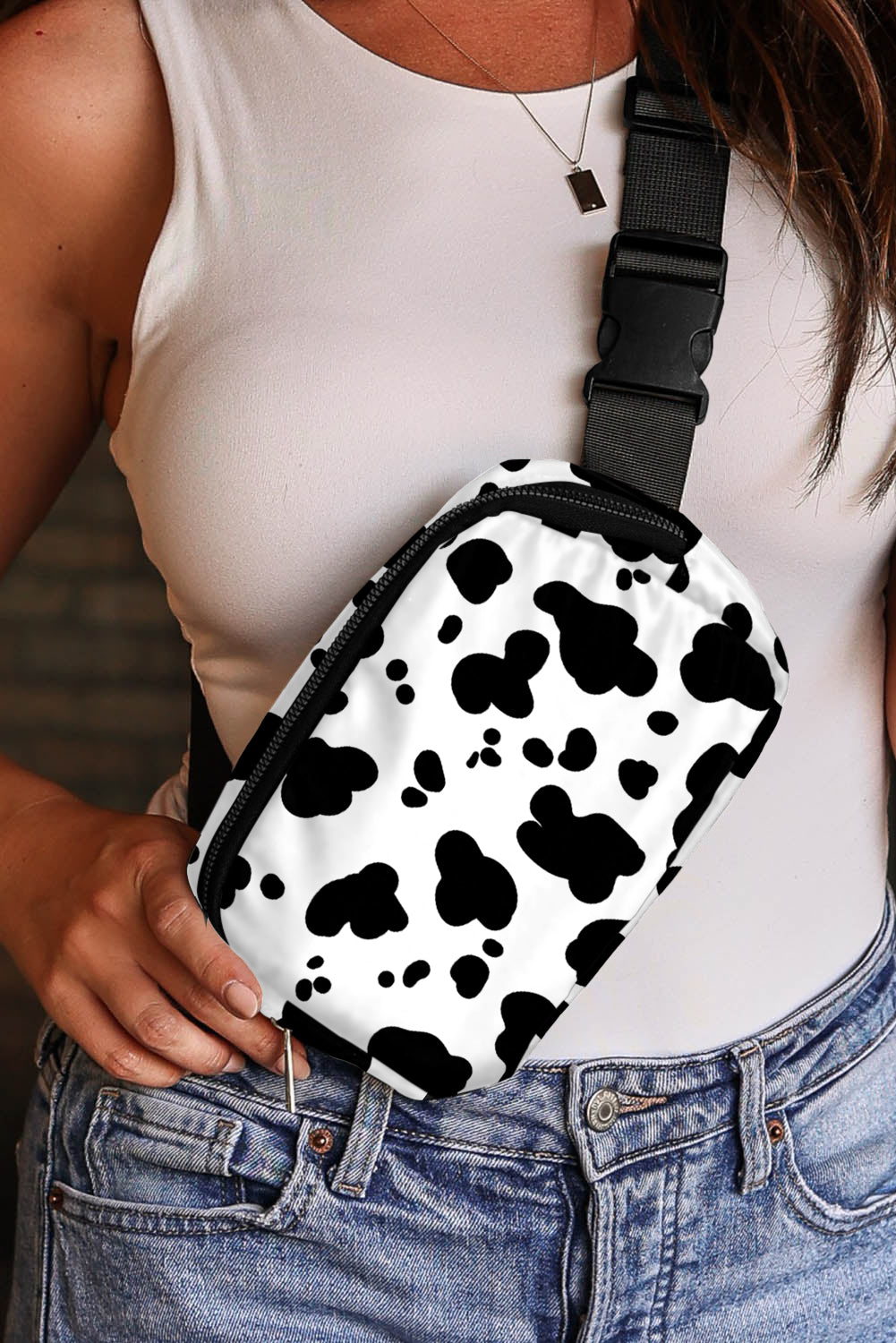 White Cow Pattern Print Buckle Wide Bag