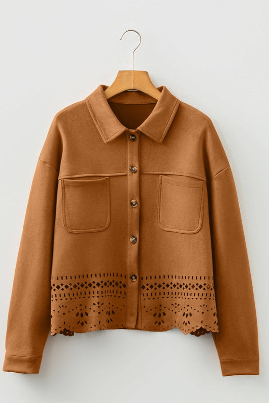 Brown jacket with lace detailing on a hanger against a white background