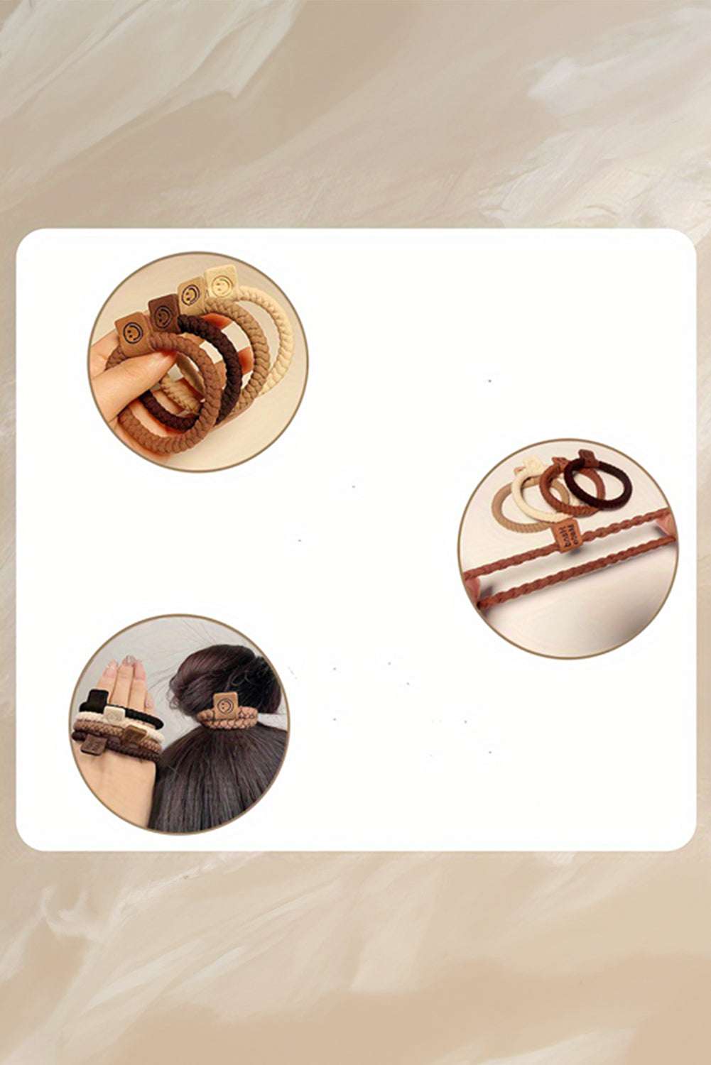 Set of three circular hair accessories on a beige background