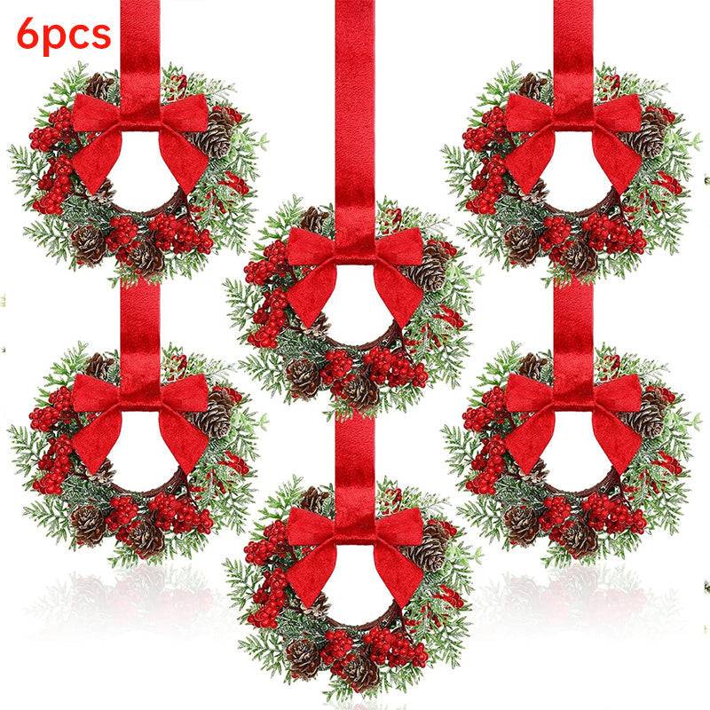Farmhouse Mini Christmas Cabinet Wreaths, Set of 6 with Ribbon Tie-Ons
