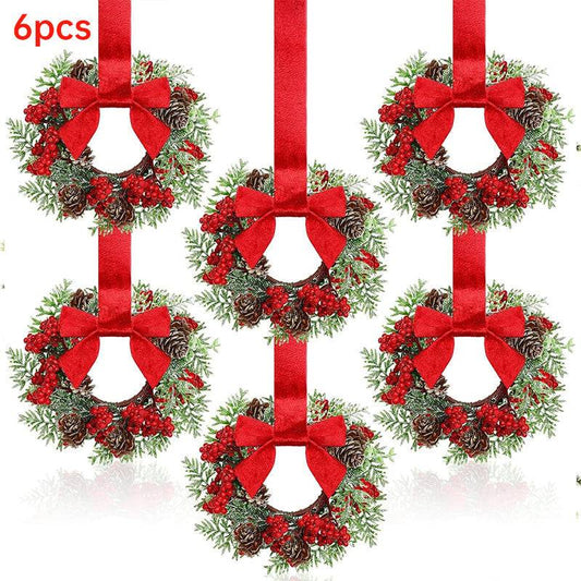 Farmhouse Mini Christmas Cabinet Wreaths, Set of 6 with Ribbon Tie-Ons
