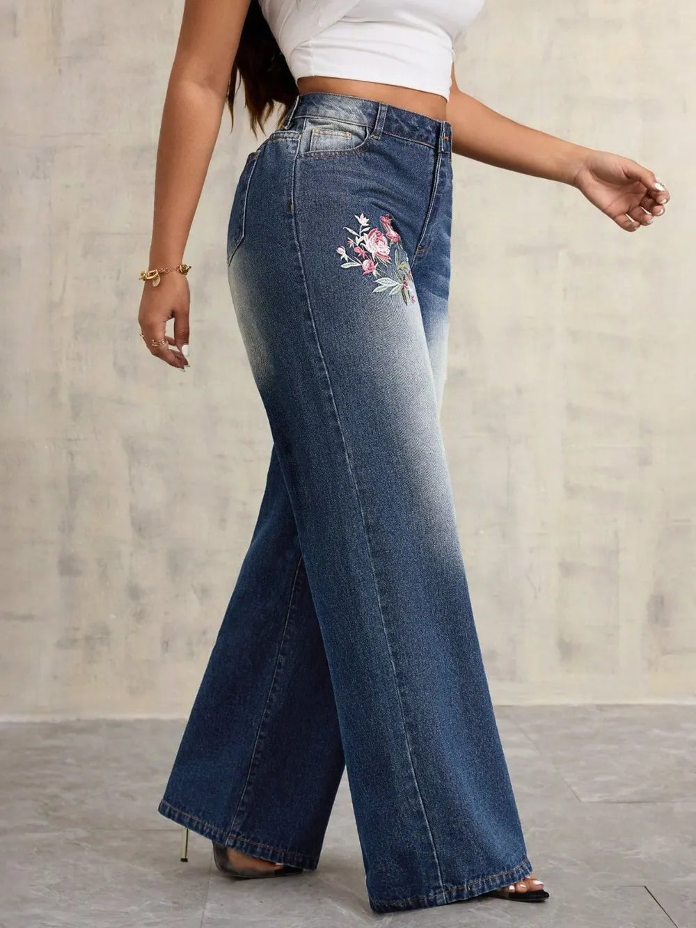 Embroidered Wide Leg Jeans