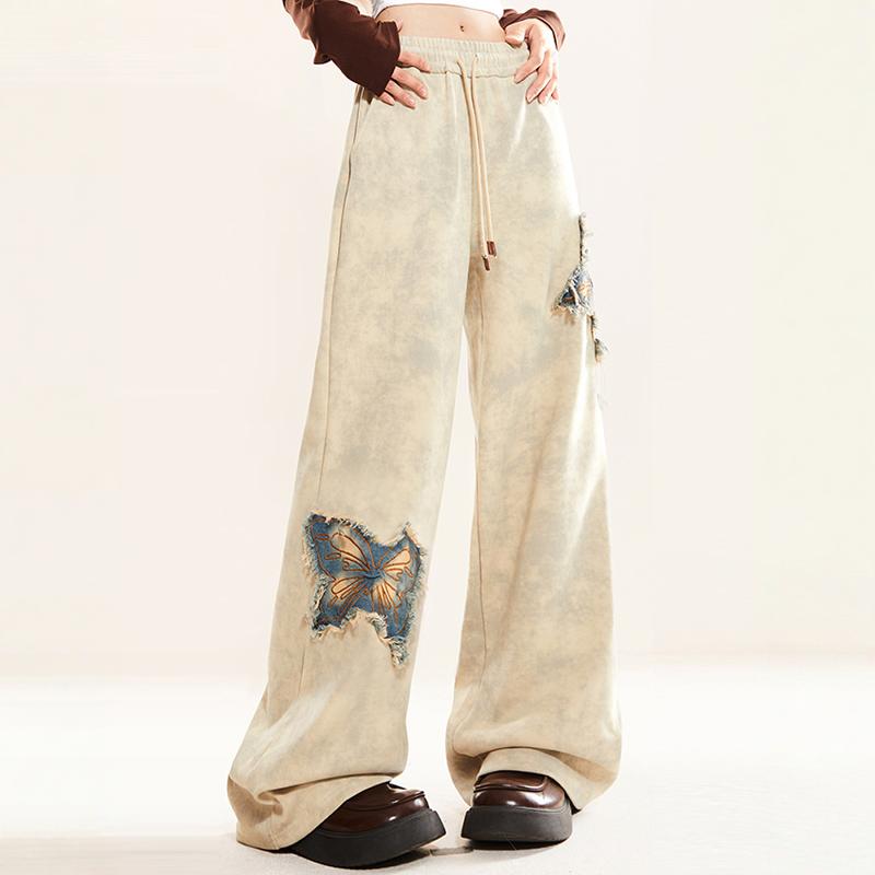 Butterfly embroidery straight-leg pants