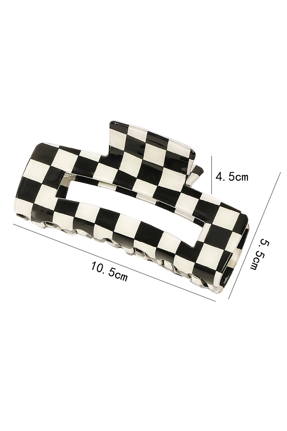 Black and white checkered hair clips with dimensions on a white background