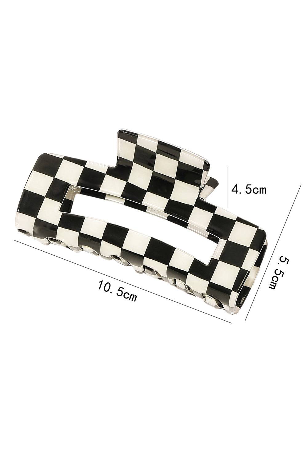 Black and white checkered hair clips with dimensions on a white background