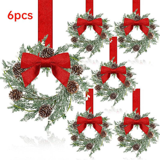Farmhouse Mini Christmas Cabinet Wreaths, Set of 6 with Ribbon Tie-Ons
