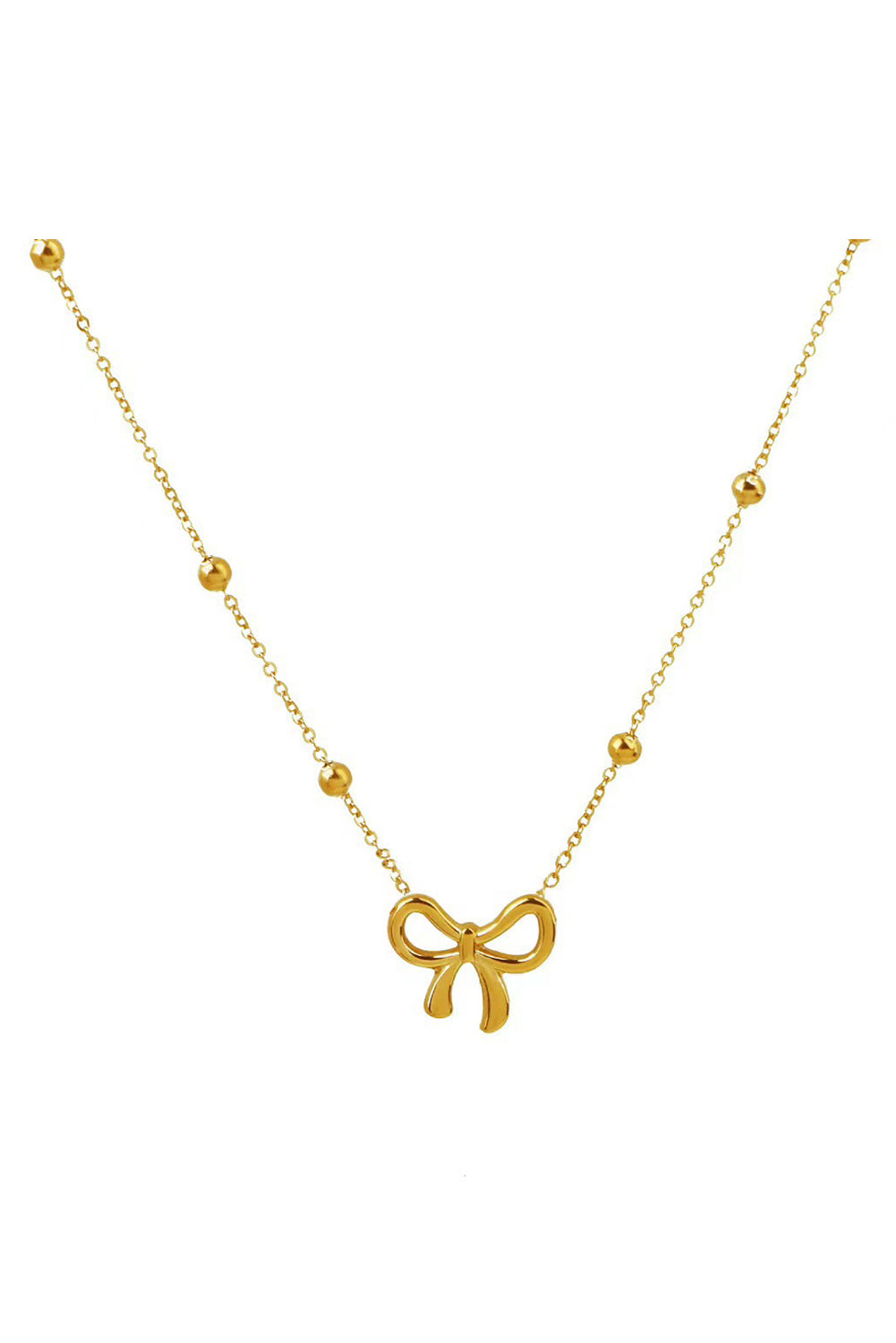 Gold bow-shaped pendant necklace on a white background