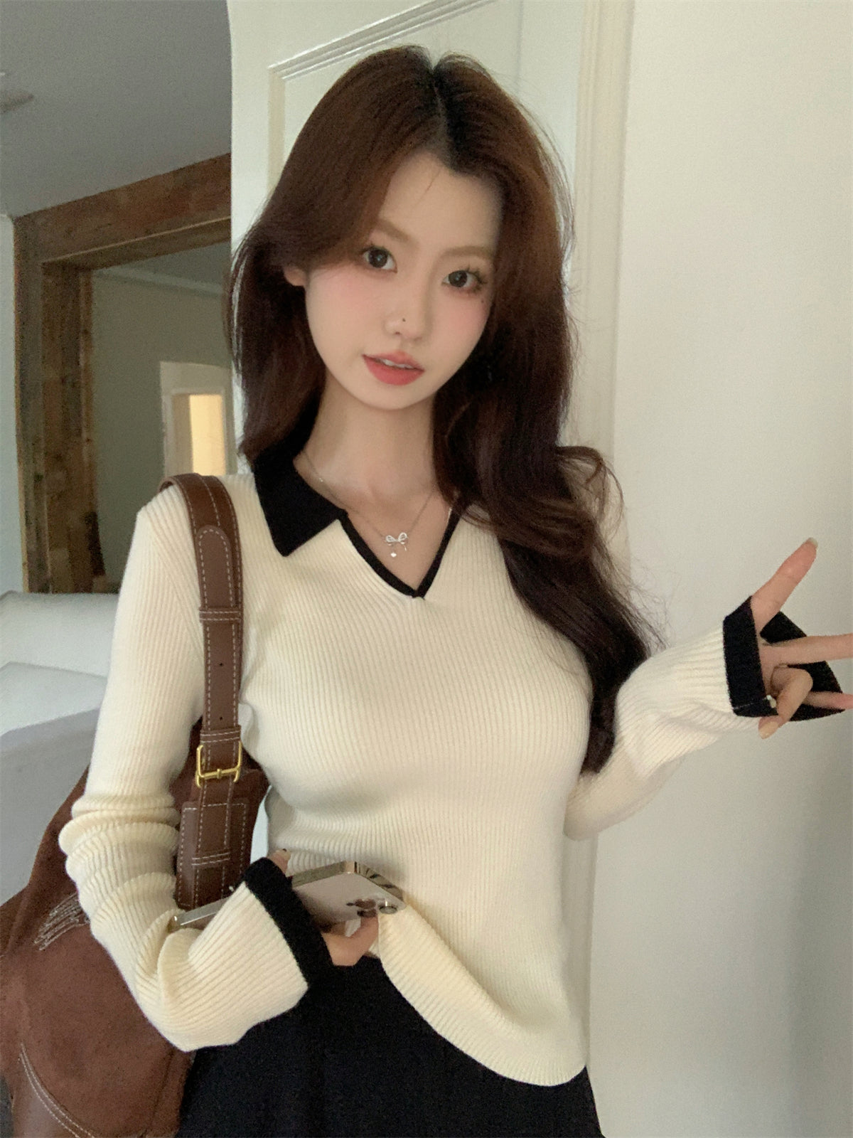 High-End Polo Collar Ribbed Knit Top
