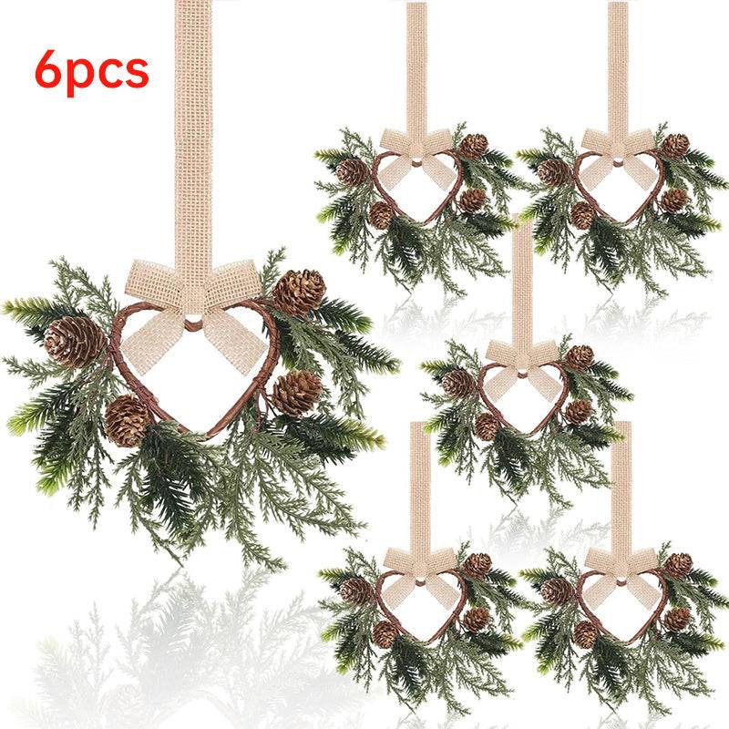 Farmhouse Mini Christmas Cabinet Wreaths, Set of 6 with Ribbon Tie-Ons
