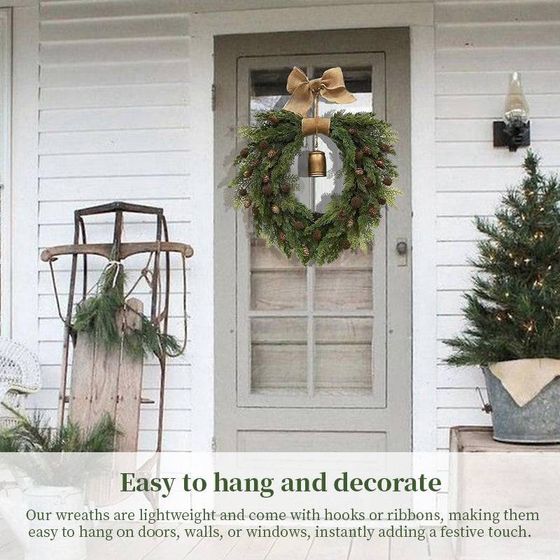 Classic Natural Pine Cone Wreath - Festive Christmas Door Hanging with Bells