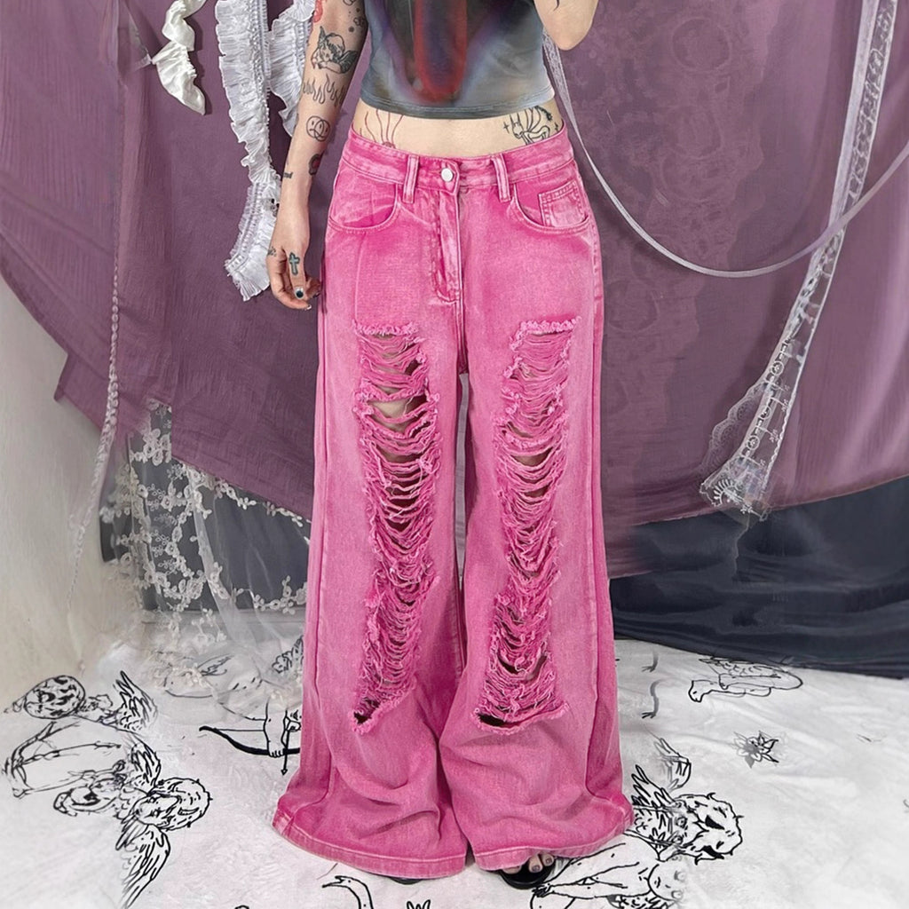 Perforated and hollowed out low waisted jeans