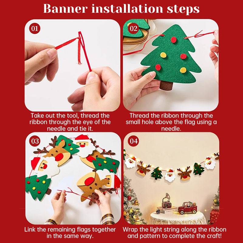 Handmade Pull String Flag Banner, LED String Lights, Christmas Decor
