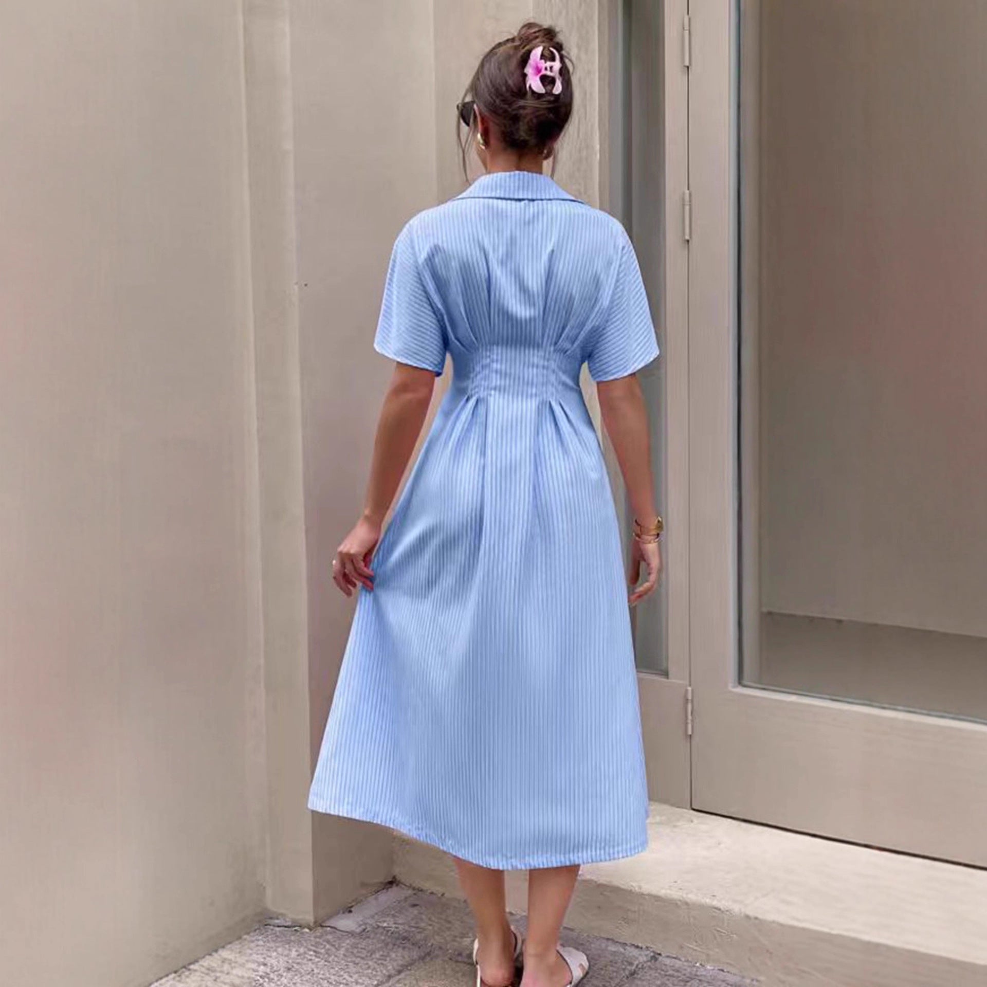 blue short sleeved women's shirt skirt