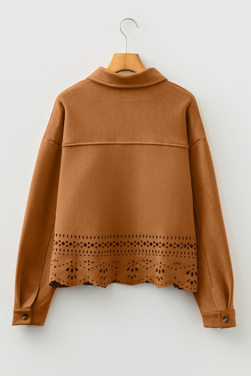 Brown jacket with lace detailing on a white background