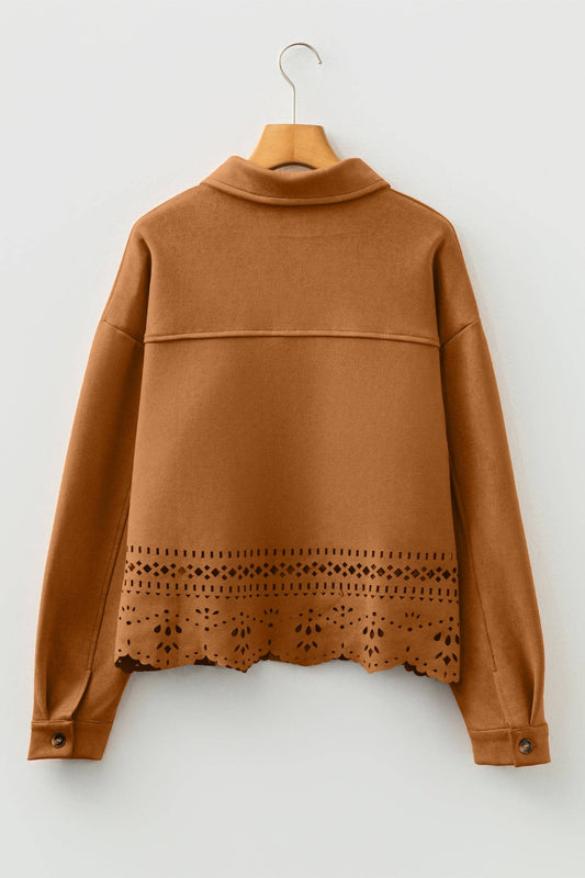 Brown jacket with lace detailing on a white background