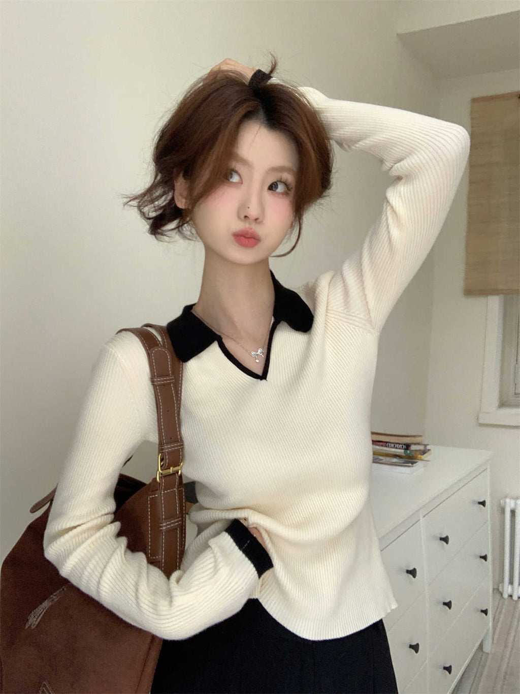 High-End Polo Collar Ribbed Knit Top
