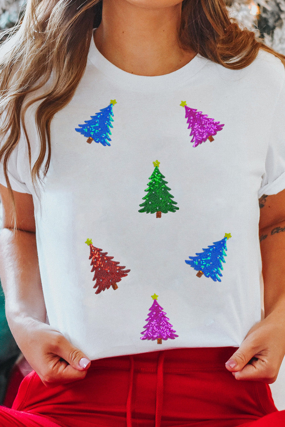 Christmas Tree Pattern Cuffed Sleeve Christmas T Shirt