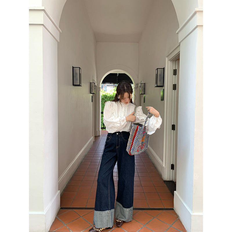 Curled high waisted wide leg jeans