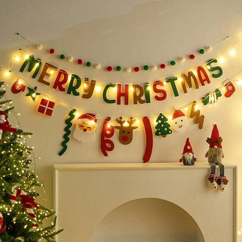 Handmade Pull String Flag Banner, LED String Lights, Christmas Decor
