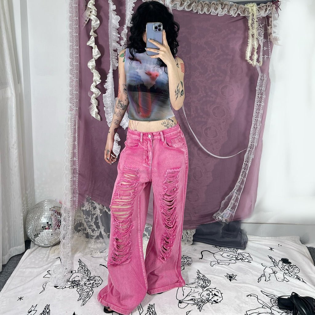 Perforated and hollowed out low waisted jeans