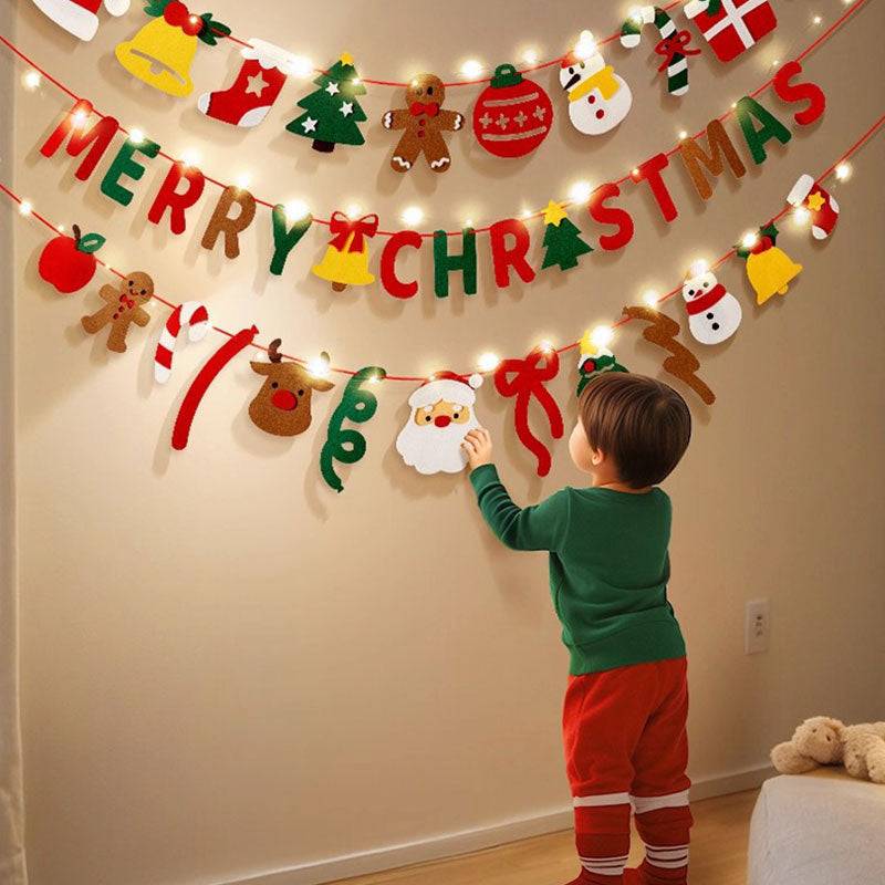 Handmade Pull String Flag Banner, LED String Lights, Christmas Decor
