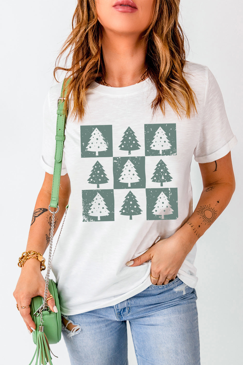 Christmas Tree Checkered Distressed Graphic Oversize Tee