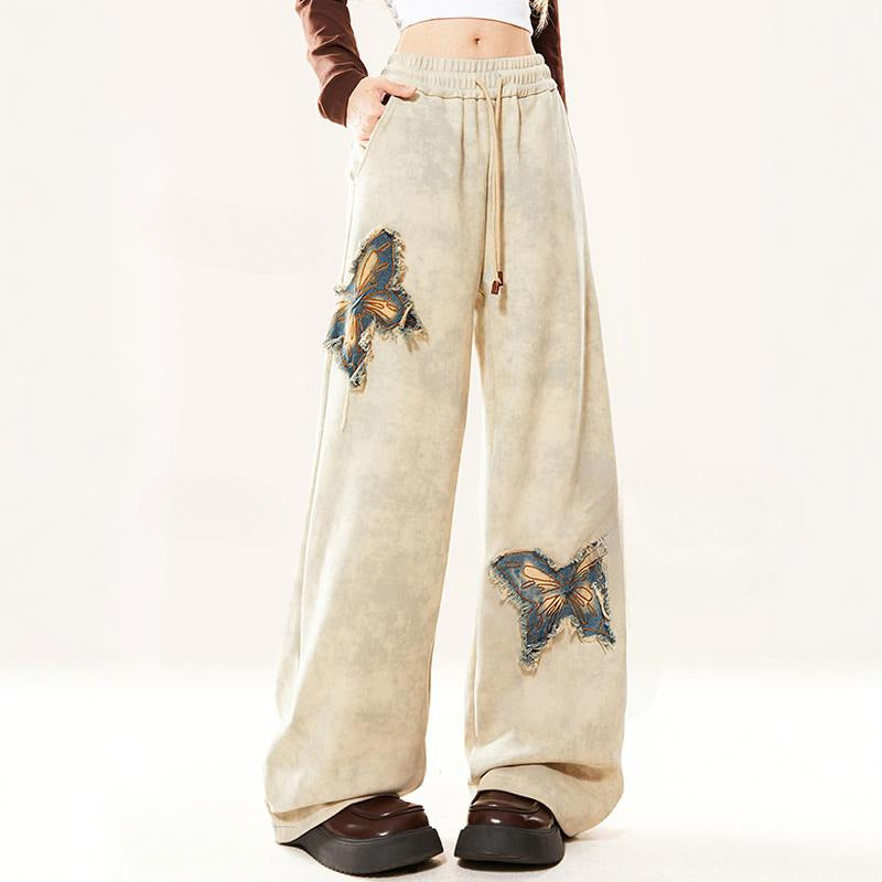 Butterfly embroidery straight-leg pants