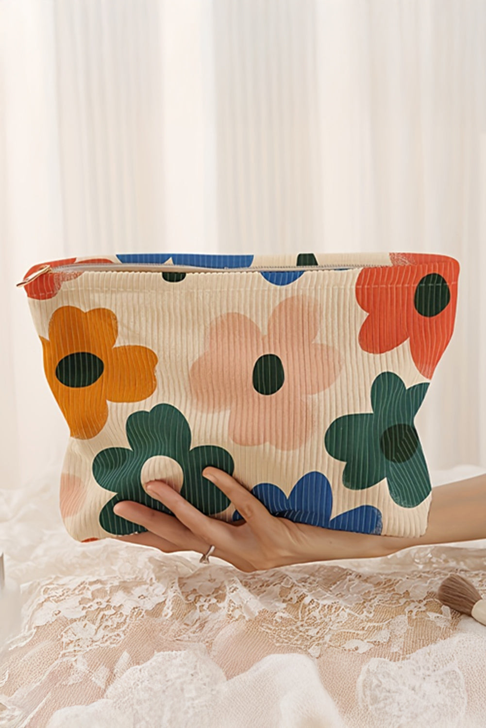 White Floral Print Corduroy  Storage Bag